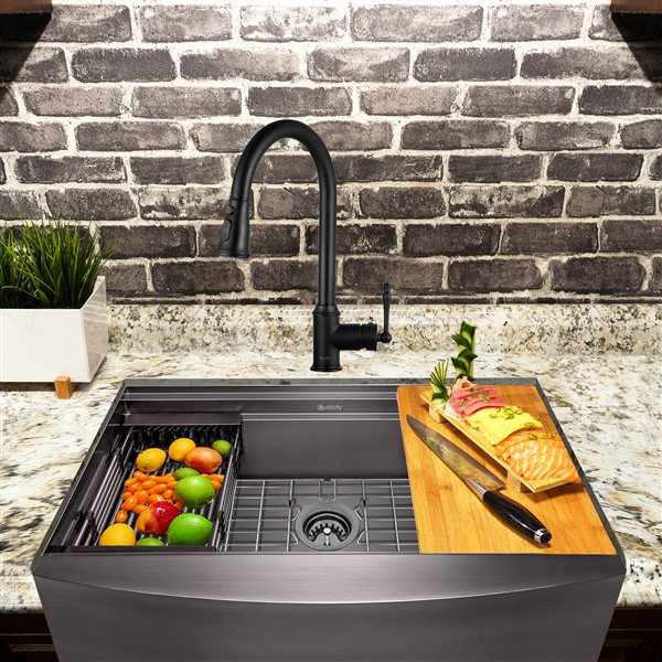 AKDY Undermount Farmhouse 33-in x 22-in Gunmetal Matte Black 1-Bowl Workstation Kitchen Sink All-in-One Kit