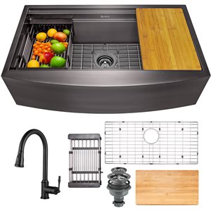 AKDY Undermount Farmhouse 33-in x 22-in Gunmetal Matte Black 1-Bowl Workstation Kitchen Sink All-in-One Kit