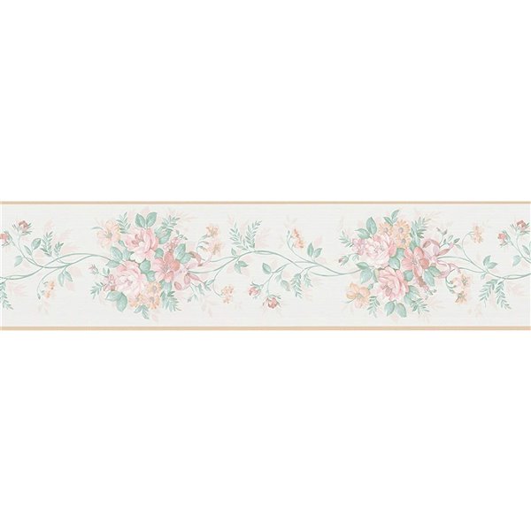 Bordure de papier peint de 5,66 po préencollée par Dundee Deco, beige, rose, vert