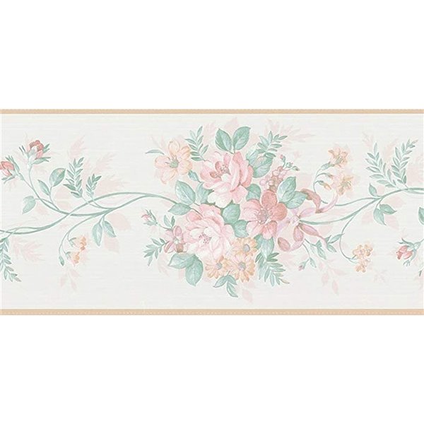 Bordure de papier peint de 5,66 po préencollée par Dundee Deco, beige, rose, vert