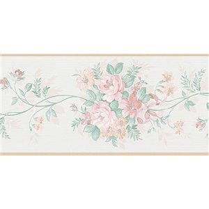 Bordure de papier peint de 5,66 po préencollée par Dundee Deco, beige, rose, vert