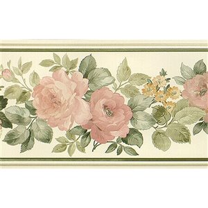 Bordure de papier peint de 7 po préencollée par Dundee Deco, vert, orange, beige