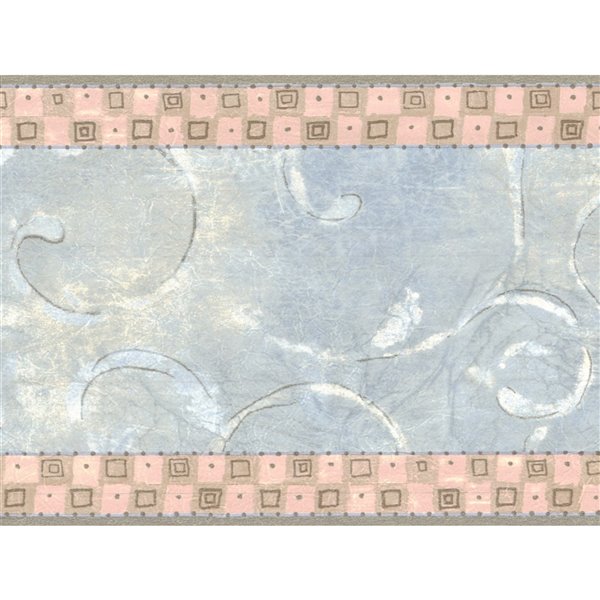 Bordure de papier peint de 6,4 po préencollée par Dundee Deco, bleu, gris, rose