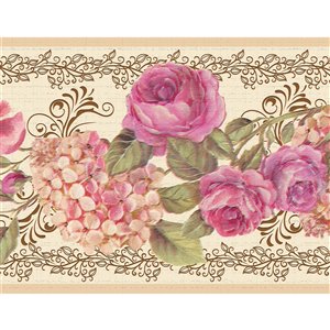 Bordure de papier peint de 7 po auto-adhésive par Dundee Deco, rose, crème