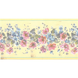 Bordure de papier peint de 4,25 po préencollée par Dundee Deco, jaune, rose, bleu