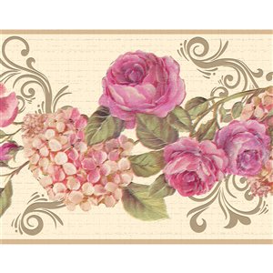 Bordure de papier peint de 7 po auto-adhésive par Dundee Deco, rose et crème