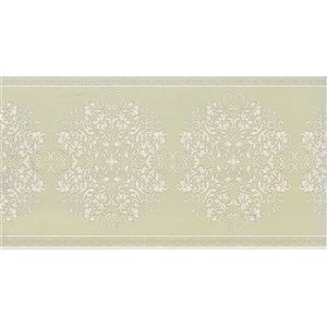 Bordure de papier peint de 7 po préencollée par Dundee Deco, vert olive, beige