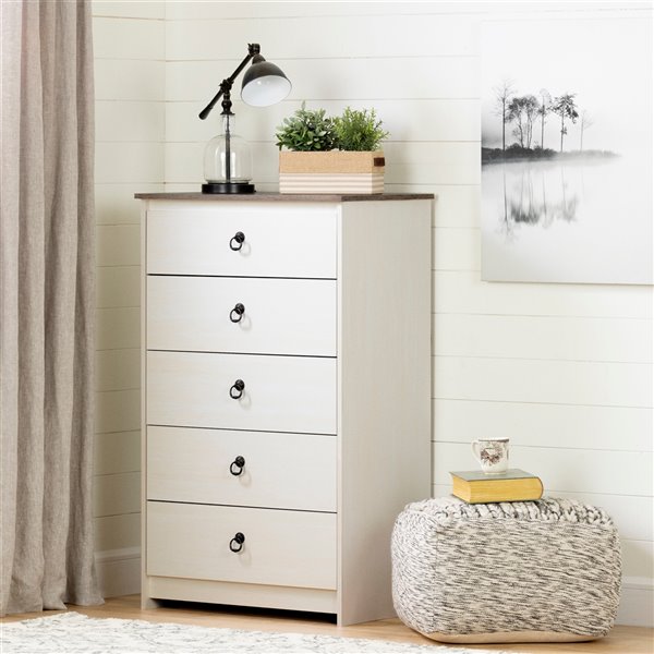 South Shore Furniture Plenny White Wash and Weathered Oak 5-Drawer Standard Chest