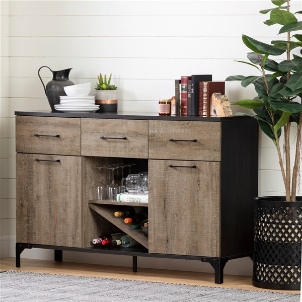 South Shore Furniture Valet Weathered Oak and Ebony Composite Cabinet Wine Storage