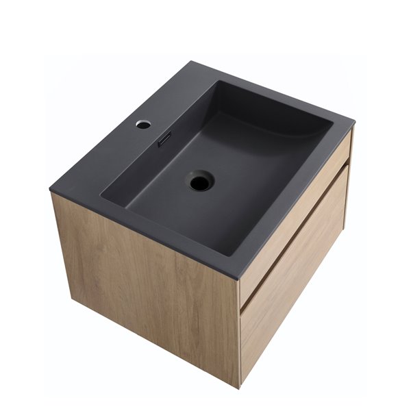 Meuble-lavabo mural simple BELLA par akuaplus en chêne rustique de 24 po avec comptoir en acrylique noir mat