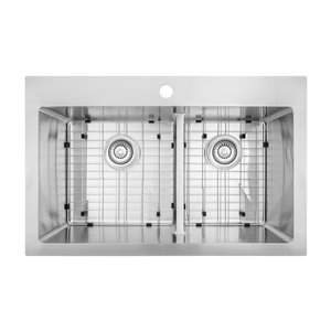 Presenza Drop-in or Undermount 20.5-in x 31.5-in Double Offset Basin 1-Hole Kitchen Sink - Stainless Steel