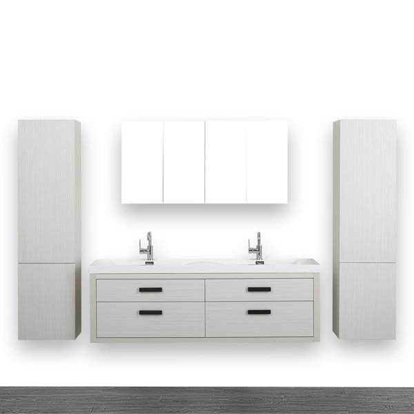 Streamline 63 In Ash Grey Double Sink Wall Mount Bathroom Vanity With Glossy White 2 Mirrors And Linen Cabinets Included Rona