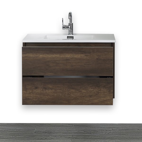 Streamline 32-in Brown Single Sink Wall Mount Bathroom Vanity with Glossy White Solid Surface Top
