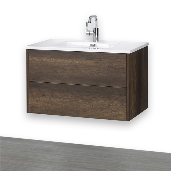 Streamline 32-in Brown Single Sink Wall Mount Bathroom Vanity with Glossy White Solid Surface Top