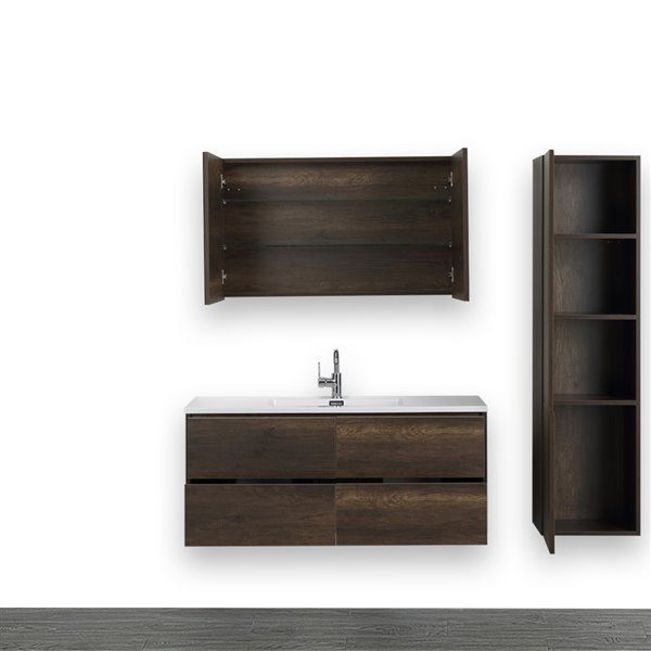 Streamline 48-in Brown Single Sink Bathroom Vanity with Glossy White Solid Surface Top - 1 Mirror and 1 Linen Cabinet Included