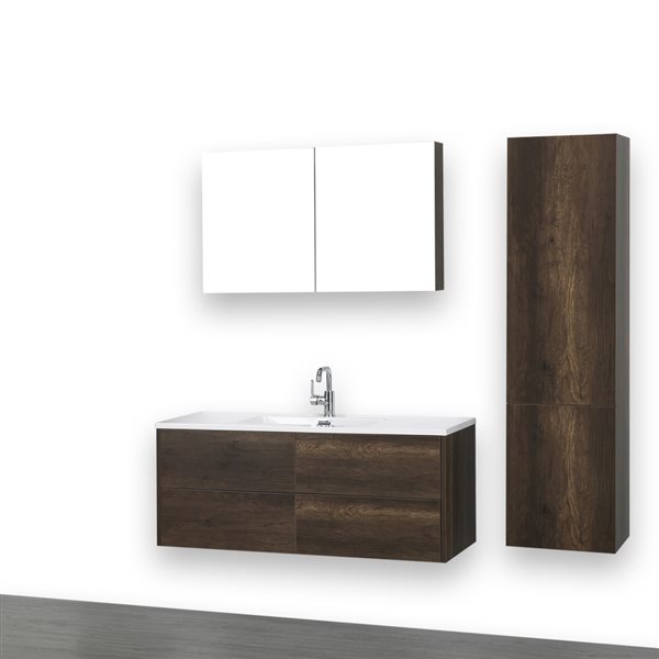 Streamline 48-in Brown Single Sink Bathroom Vanity with Glossy White Solid Surface Top - 1 Mirror and 1 Linen Cabinet Included