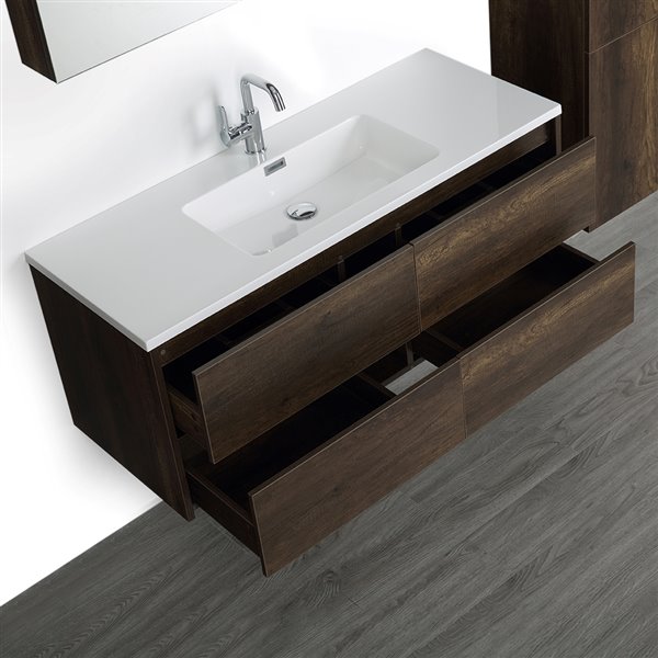 Streamline 48-in Brown Single Sink Bathroom Vanity with Glossy White Solid Surface Top - 1 Mirror and 1 Linen Cabinet Included