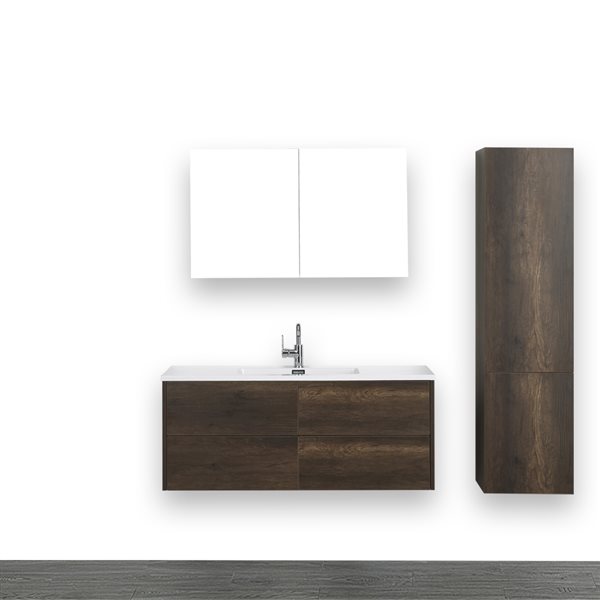 Streamline 48-in Brown Single Sink Bathroom Vanity with Glossy White Solid Surface Top - 1 Mirror and 1 Linen Cabinet Included