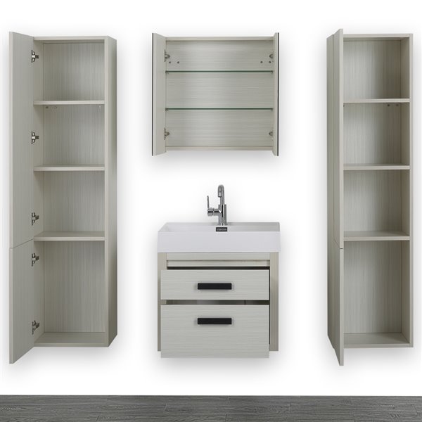 Streamline 24-in Ash Grey Single sink Bathroom Vanity With Glossy White (1 Mirror and 2 Linen Cabinets Included)