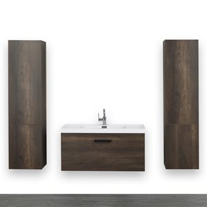 Meuble-lavabo simple, mural, brun, 40 po, comptoir blanc lustré, 2 lingeries compris)