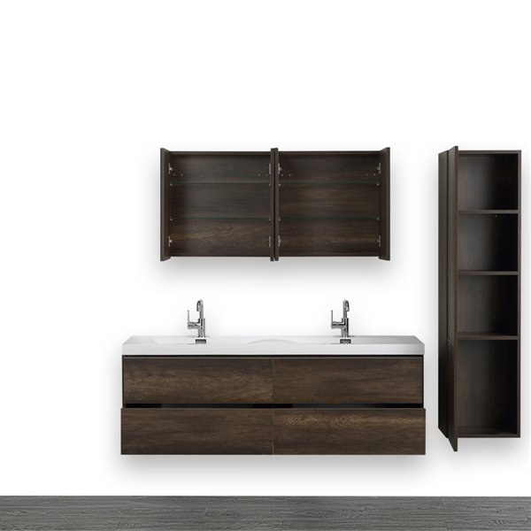 Streamline 63-in Brown Double Sink Bathroom Vanity with Glossy White Top (2 Mirrors and 1 Linen Cabinet Included)