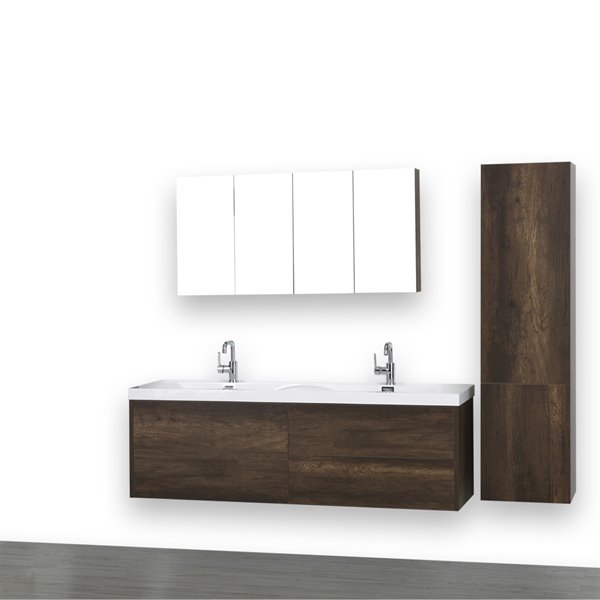 Streamline 63-in Brown Double Sink Bathroom Vanity with Glossy White Top (2 Mirrors and 1 Linen Cabinet Included)