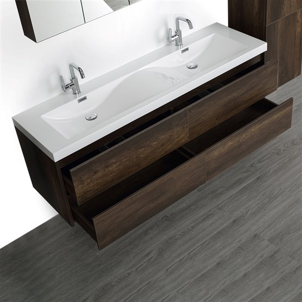 Streamline 63-in Brown Double Sink Bathroom Vanity with Glossy White Top (2 Mirrors and 1 Linen Cabinet Included)