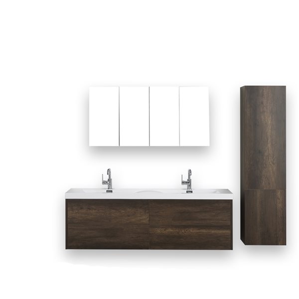 Streamline 63-in Brown Double Sink Bathroom Vanity with Glossy White Top (2 Mirrors and 1 Linen Cabinet Included)