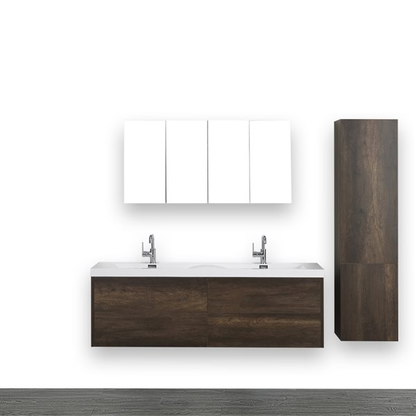 Streamline 63-in Brown Double Sink Bathroom Vanity with Glossy White Top (2 Mirrors and 1 Linen Cabinet Included)