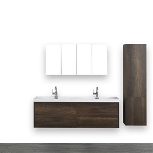 Meuble-lavabo double, brun, 63 po, comptoir blanc lustré, de Streamline (2 miroirs et 1 lingerie compris)