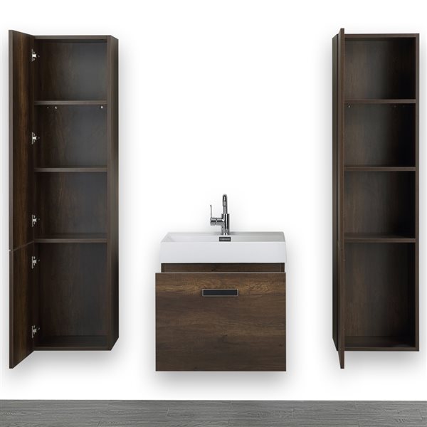 Streamline 24-in Brown Single Sink Bathroom Vanity with Glossy White Solid Surface Top - 2 Linen Cabinets Included