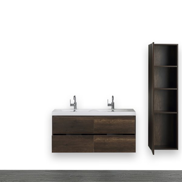 Streamline 48-in Brown Double Sink Bathroom Vanity with Glossy White Solid Surface Top - 1 Linen Cabinet Included