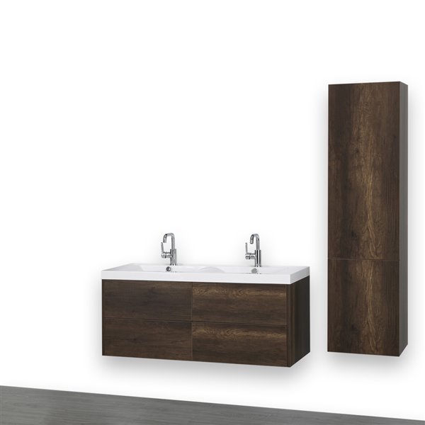 Streamline 48-in Brown Double Sink Bathroom Vanity with Glossy White Solid Surface Top - 1 Linen Cabinet Included