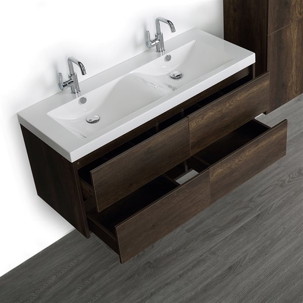 Streamline 48-in Brown Double Sink Bathroom Vanity with Glossy White Solid Surface Top - 1 Linen Cabinet Included