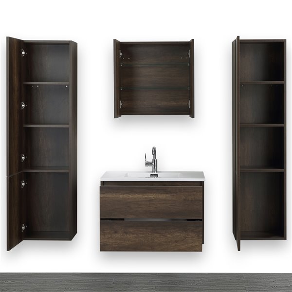 Streamline 32-in Brown Single Sink Bathroom Vanity with Glossy White Solid Surface Top - 1 Mirror and 2 Linen Cabinets Included