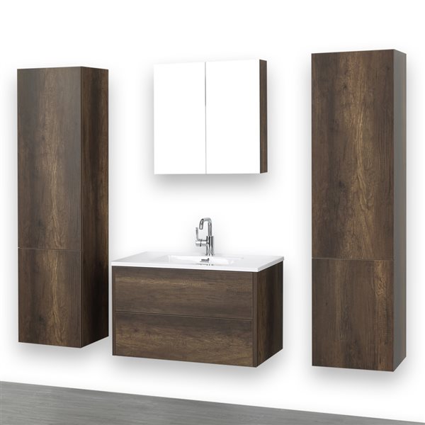 Streamline 32-in Brown Single Sink Bathroom Vanity with Glossy White Solid Surface Top - 1 Mirror and 2 Linen Cabinets Included