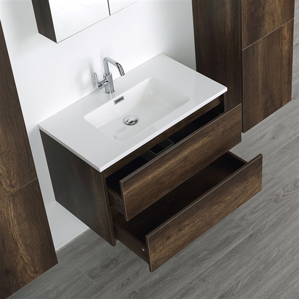 Streamline 32-in Brown Single Sink Bathroom Vanity with Glossy White Solid Surface Top - 1 Mirror and 2 Linen Cabinets Included