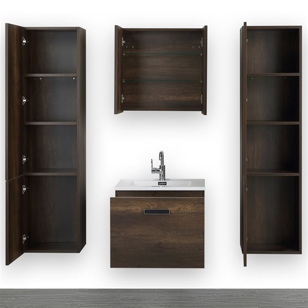 Streamline 24-in Brown Single Sink Bathroom Vanity with Glossy White Solid Surface Top - 1 Mirror and 2 Linen Closets Included