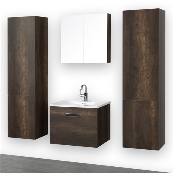 Streamline 24-in Brown Single Sink Bathroom Vanity with Glossy White Solid Surface Top - 1 Mirror and 2 Linen Closets Included