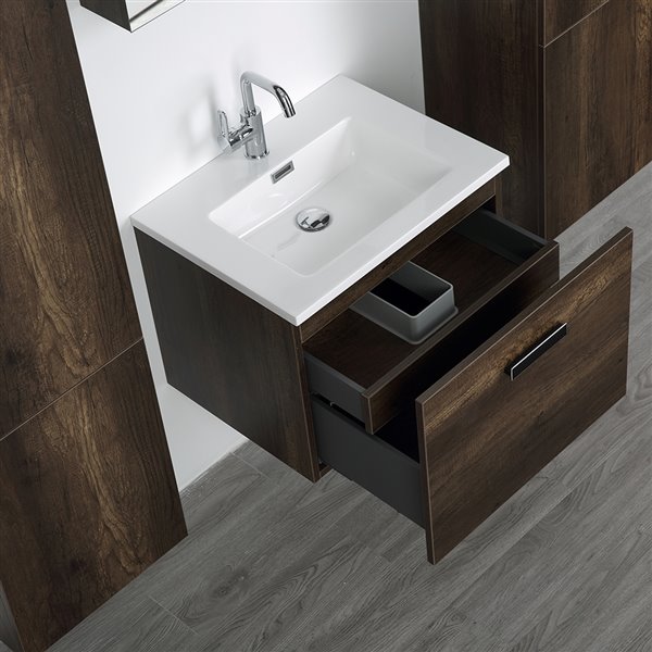 Streamline 24-in Brown Single Sink Bathroom Vanity with Glossy White Solid Surface Top - 1 Mirror and 2 Linen Closets Included