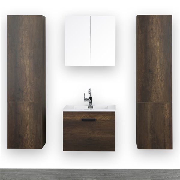 Streamline 24-in Brown Single Sink Bathroom Vanity with Glossy White Solid Surface Top - 1 Mirror and 2 Linen Closets Included