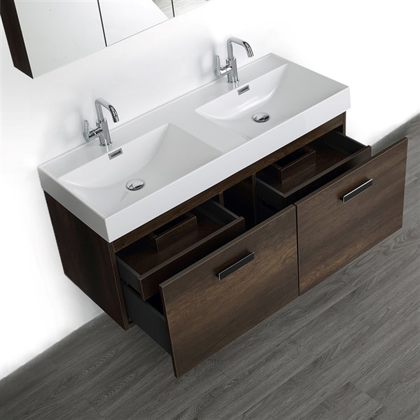Streamline 48-in Brown Double Sink Bathroom Vanity with Glossy White Solid Surface Countertop (Mirrors Included)
