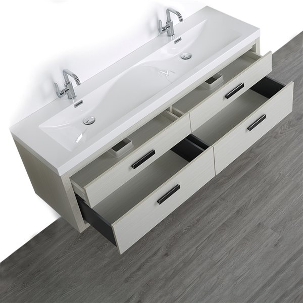 Streamline 63-in Ash Grey Double Sink Wall Mount Bathroom Vanity with Glossy White Resin Top (2 Mirrors Included)