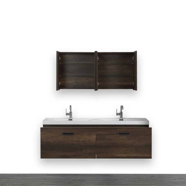 Streamline 63-in Brown Double Sink Wall Mount Bathroom Vanity with Glossy White Resin Top (2 Mirrors Included)
