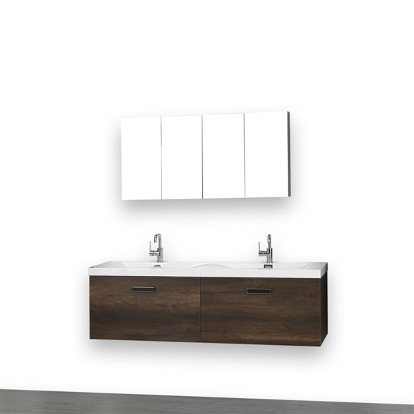 Streamline 63-in Brown Double Sink Wall Mount Bathroom Vanity with Glossy White Resin Top (2 Mirrors Included)