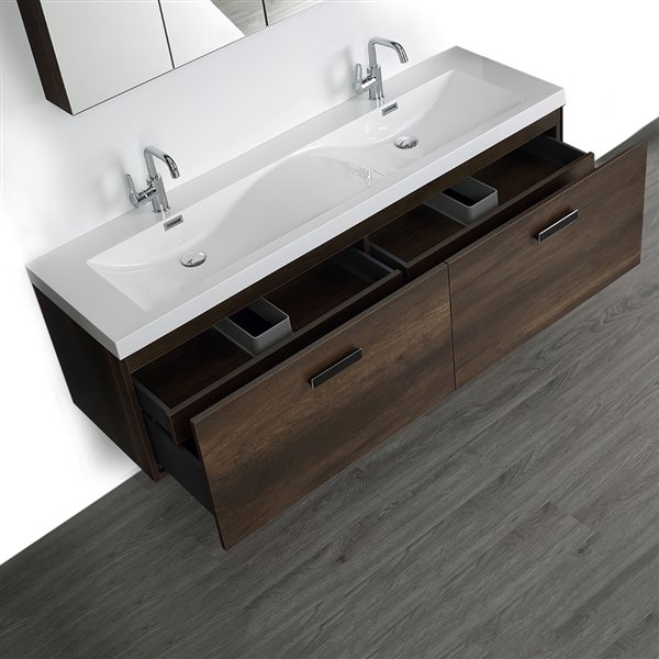 Streamline 63-in Brown Double Sink Wall Mount Bathroom Vanity with Glossy White Resin Top (2 Mirrors Included)