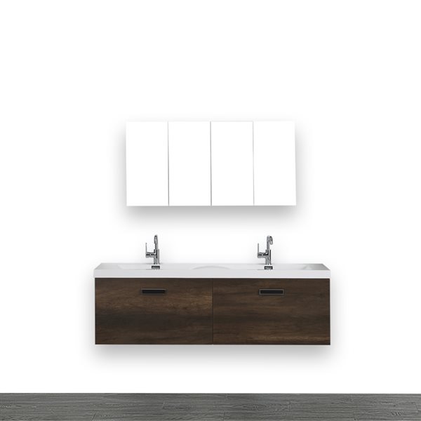 Streamline 63-in Brown Double Sink Wall Mount Bathroom Vanity with Glossy White Resin Top (2 Mirrors Included)