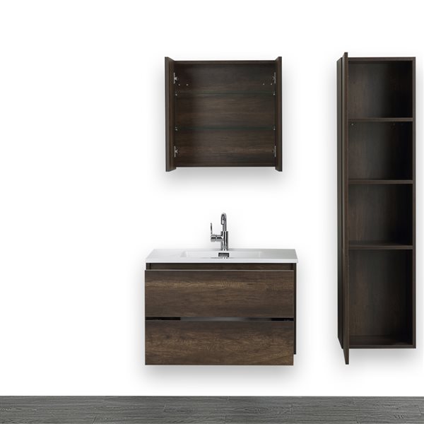 Streamline 32-in Brown Single Sink Bathroom Vanity with Glossy White Solid Surface Top (1 Mirror and 1 Cabinet Included)