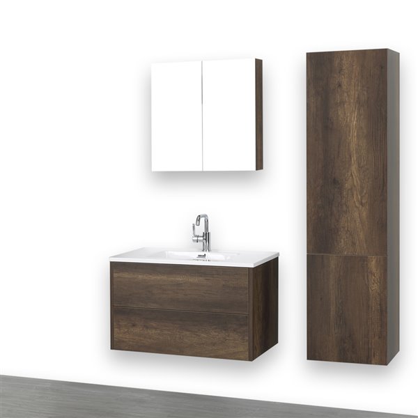 Streamline 32-in Brown Single Sink Bathroom Vanity with Glossy White Solid Surface Top (1 Mirror and 1 Cabinet Included)