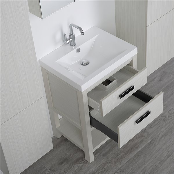 Streamline Ash Grey 24-in Single Sink Bathroom Vanity with Glossy White Solid Surface Top (1 Mirror and 2 Cabinets Included)